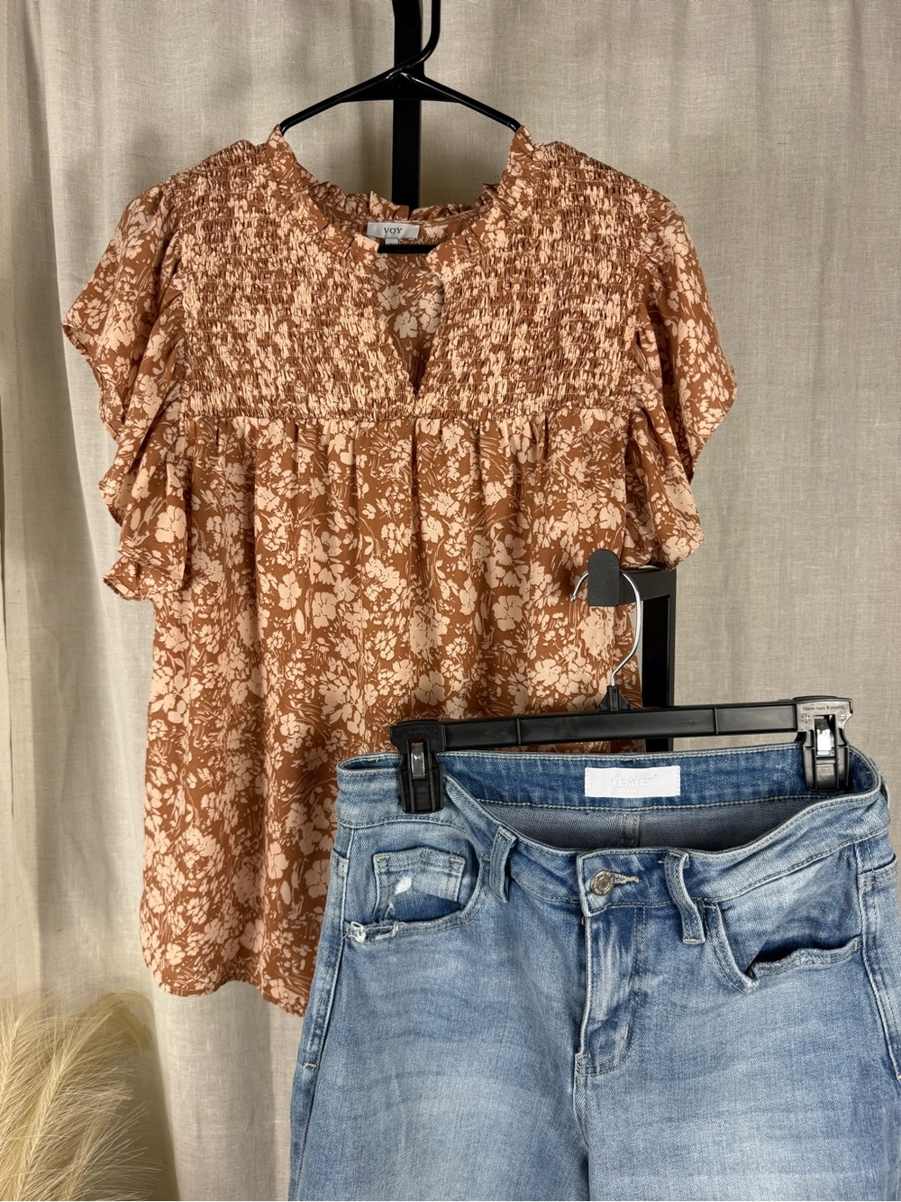 Smocked V-Neck Floral Blouse in Tan and Cream